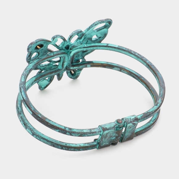 Patina Verdigris Metal Butterfly Bracelet Statement Hinged Rhinestone Crystal - Picture 2 of 2